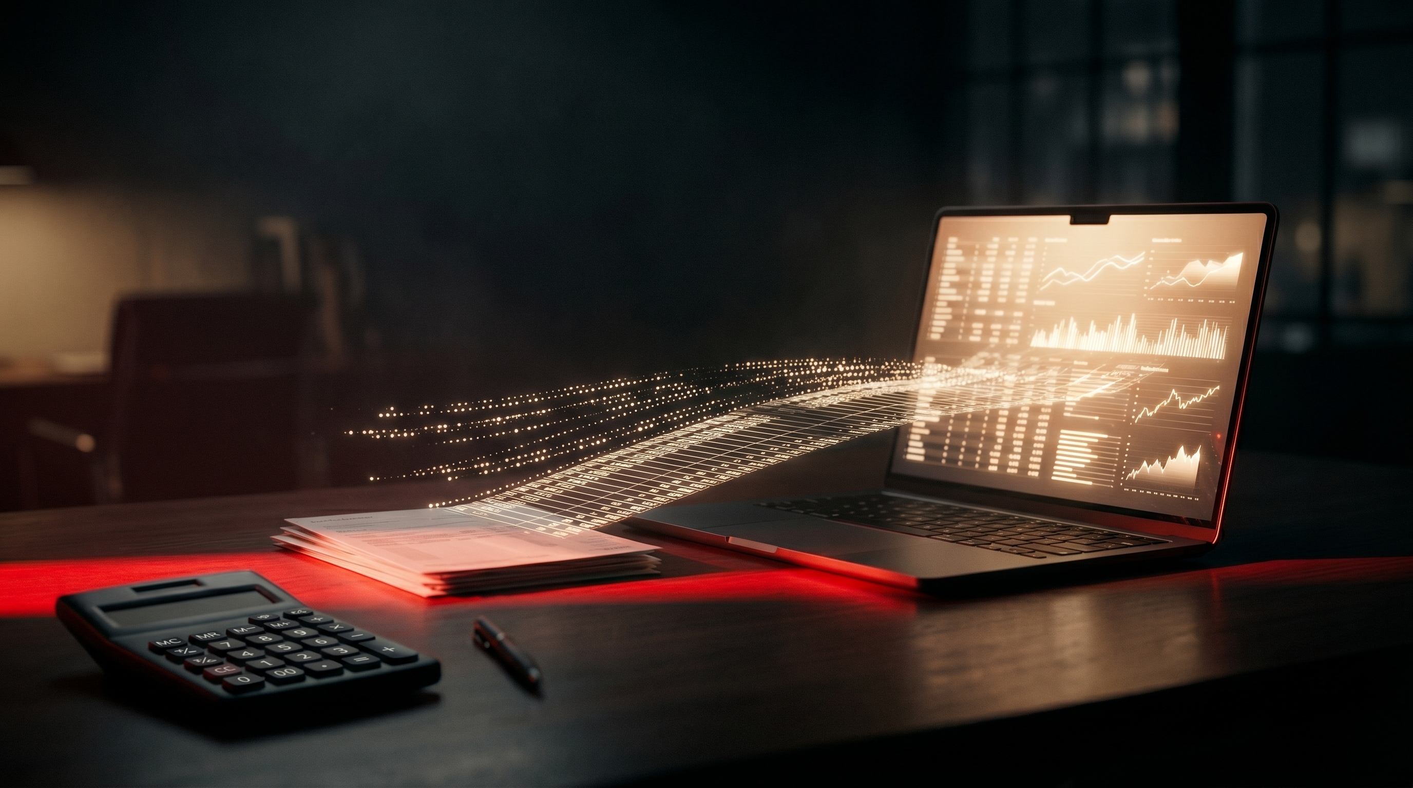 Paper bank statements dissolving into clean, glowing rows of categorized financial data on a laptop at night